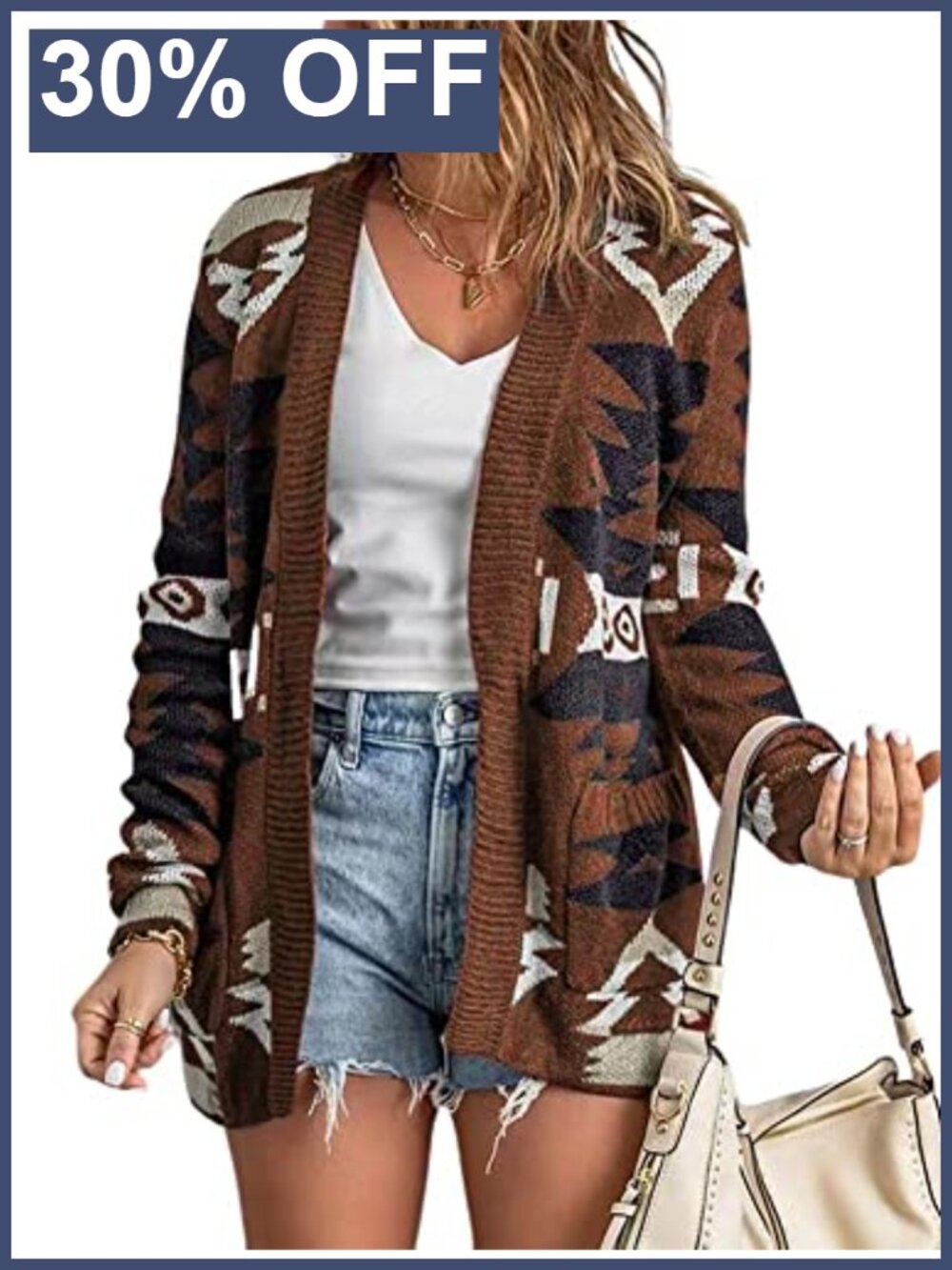 Tribal Aztec Print Open Front Knit Jacquard Cardigan Sweater